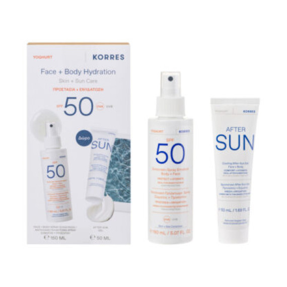 Korres Promo Yoghurt Sunscreen Face & Body Hydration Spray Spf50 150ml & Cooling After-Sun Gel for Face & Body 50ml (Box 2024)