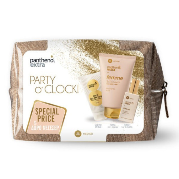 Medisei – Panthenol Extra Party O’Clock Femme 3 in 1 Cleanser Αφρόλουτρο-Σαμπουάν 200ml + Femme Eau De Toilette Γυναικείο Άρωμα 50ml + Gold Peel Off Mask Μάσκα Προσώπου για Σύσφιξη 75ml + Δώρο Νεσεσέρ