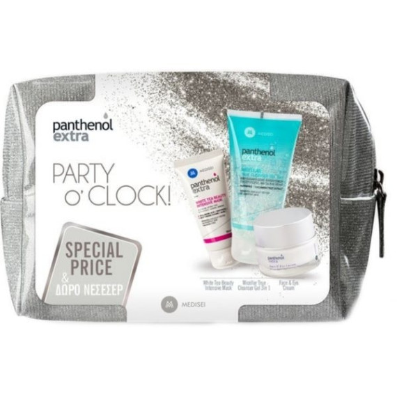 Medisei – Panthenol Extra Party O’Clock Micellar True Cleanser Gel 3 in 1 Μικυλλιακό Τζελ Καθαρισμού 150ml + Face & Eye Cream Κρέμα Προσώπου-Ματιών 50ml + White Tea Beauty Intensive Mask Μάσκα με Λευκό Τσάι 50ml + Δώρο Νεσεσέρ