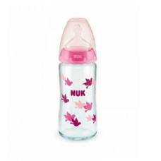 NUK First Choice+ Μπιμπερό Γυάλινο 0-6m Ροζ Θηλή Σιλικόνης Με Δείκτη Θερμοκρασίας Κατά Των Κολικών 240ml