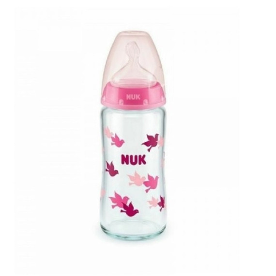 NUK First Choice+ Μπιμπερό Γυάλινο 0-6m Ροζ Θηλή Σιλικόνης Με Δείκτη Θερμοκρασίας Κατά Των Κολικών 240ml