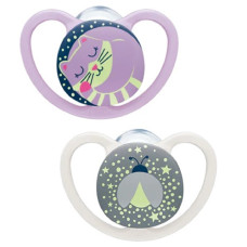 Nuk Space Night Πιπίλα Σιλικόνης 0-6m Ροζ Γατούλα & Μελισσούλα 2τμχ 